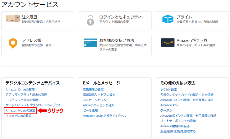Amazonアカウントサービス画面